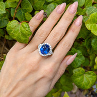 7.00 Ct. Blue Sapphire and Natural Diamond Antique Style Ring, 18K White Gold Life Style