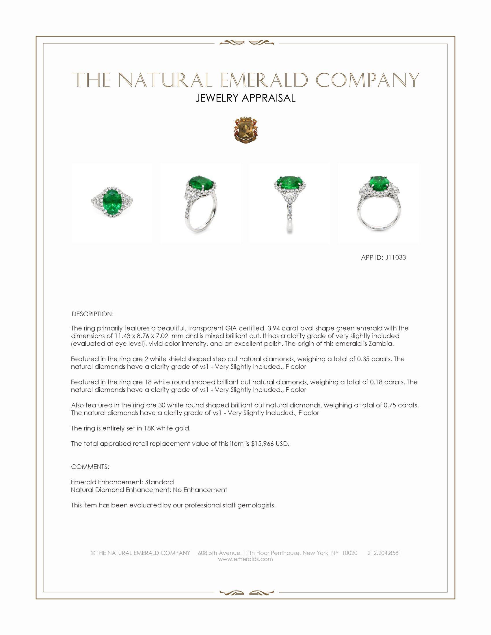 3.94 Ct. Emerald and Natural Diamond Antique Style Ring, 18K White Gold