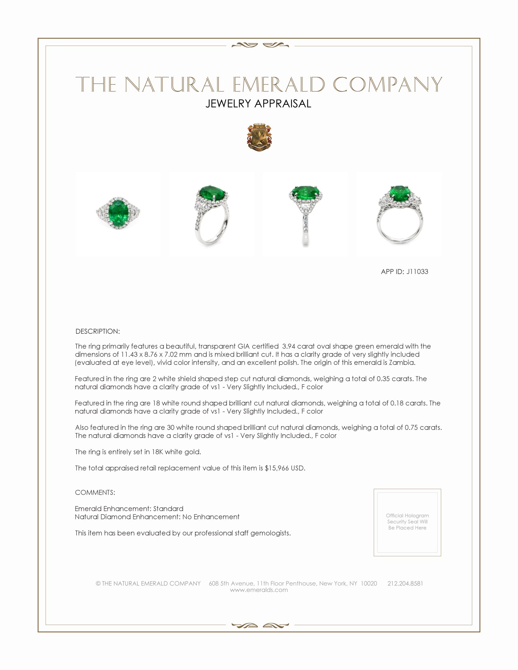 3.94 Ct. Emerald and Natural Diamond Antique Style Ring, 18K White Gold