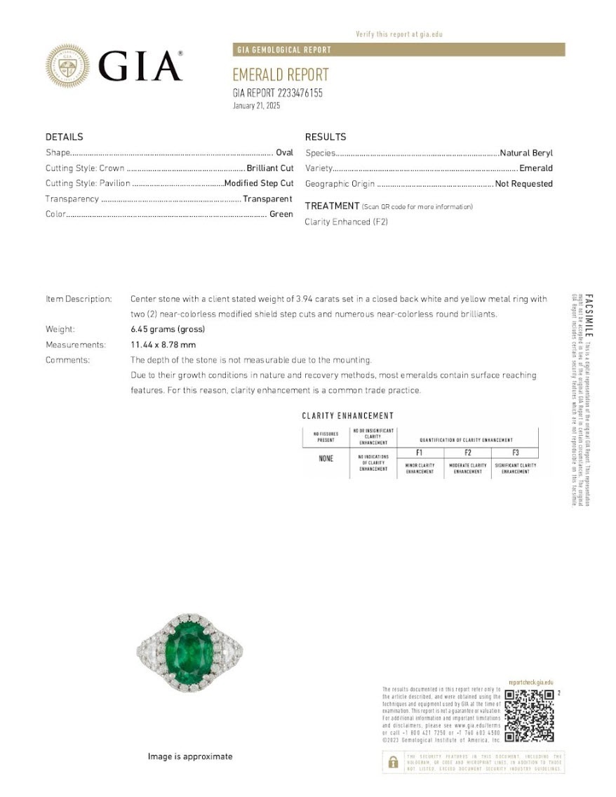 3.94 Ct. Emerald and Natural Diamond Antique Style Ring, 18K White Gold