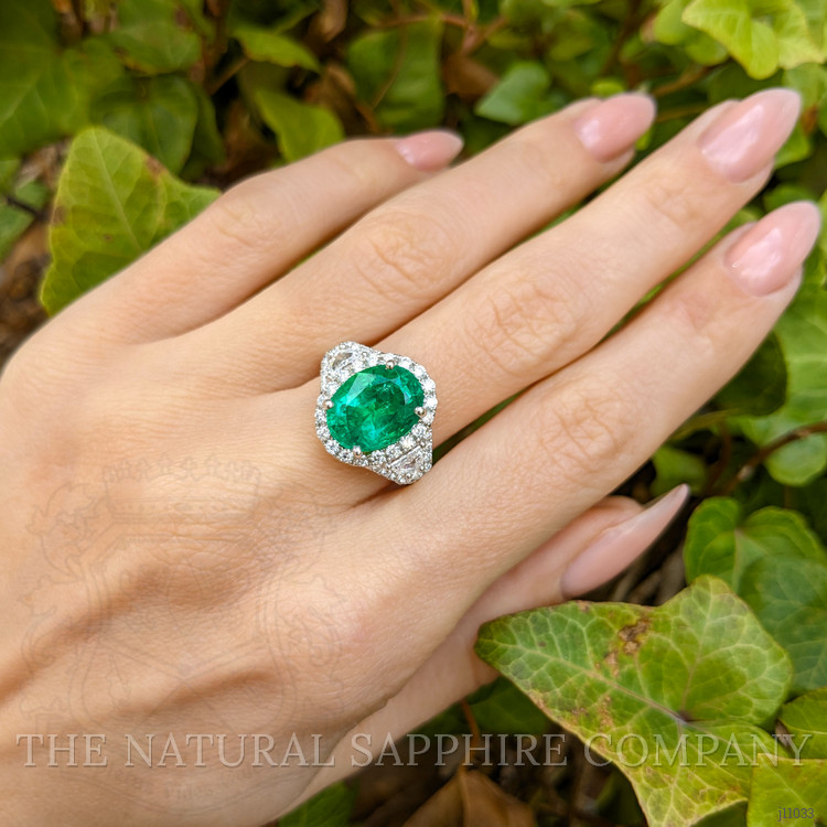 3.94 Ct. Emerald Natural Diamond Antique Style Ring, 18K White Gold