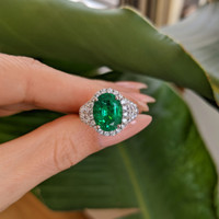 3.94 Ct. Emerald Natural Diamond Antique Style Ring, 18K White Gold Life Style