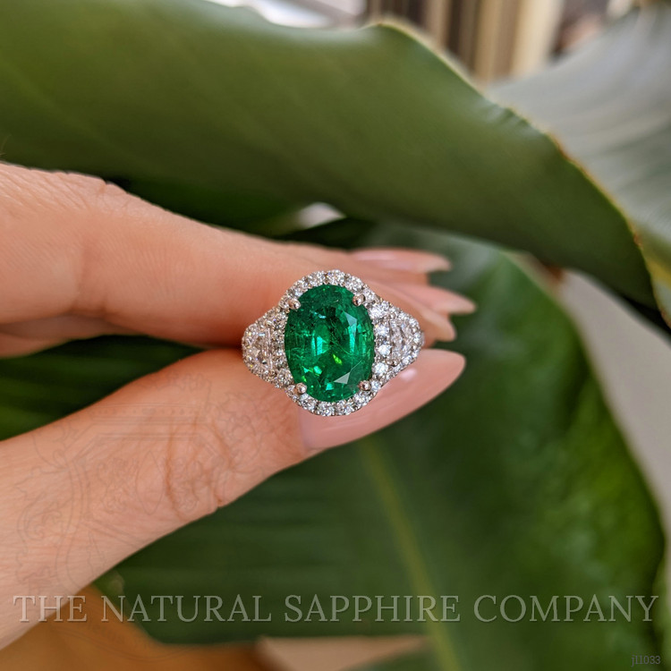 3.94 Ct. Emerald Natural Diamond Antique Style Ring, 18K White Gold