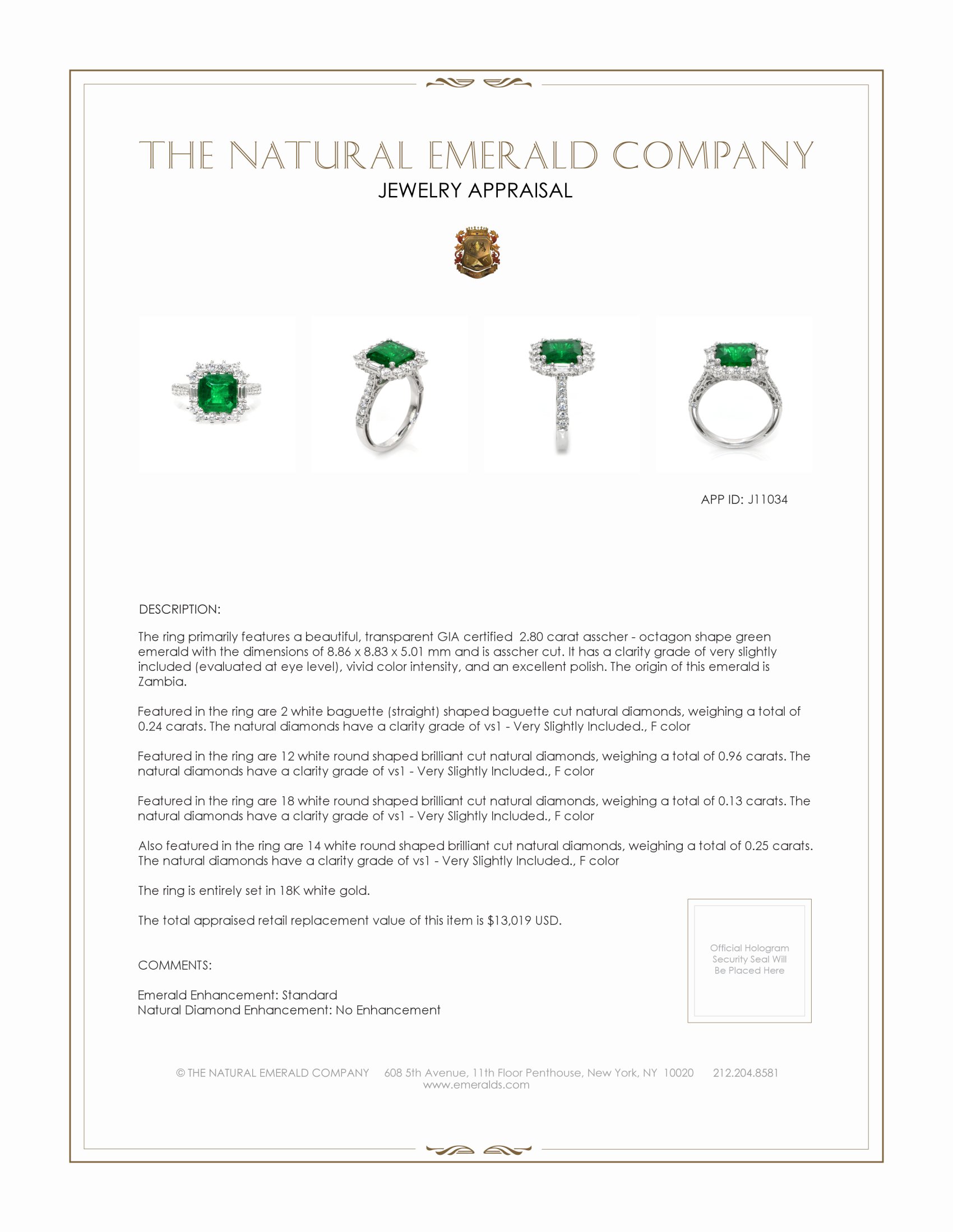 2.80 Ct. Emerald and Natural Diamond Antique Style Ring, 18K White Gold