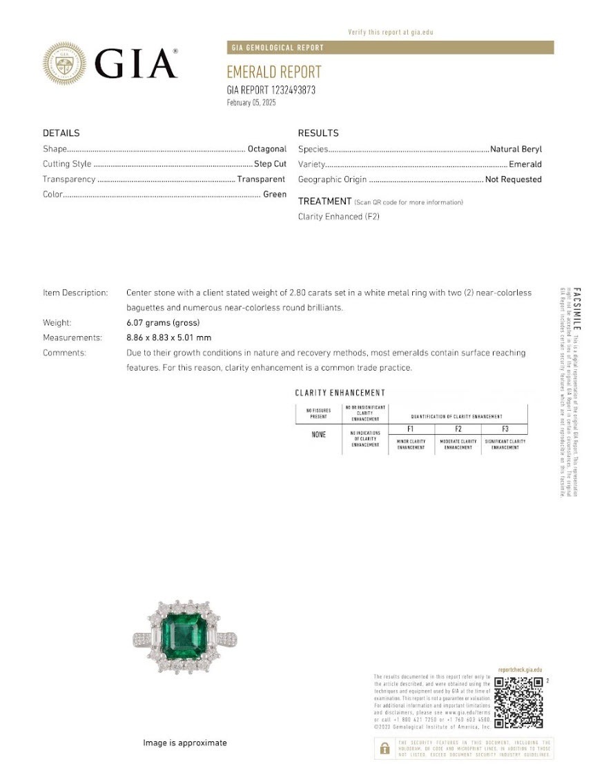 2.80 Ct. Emerald and Natural Diamond Antique Style Ring, 18K White Gold
