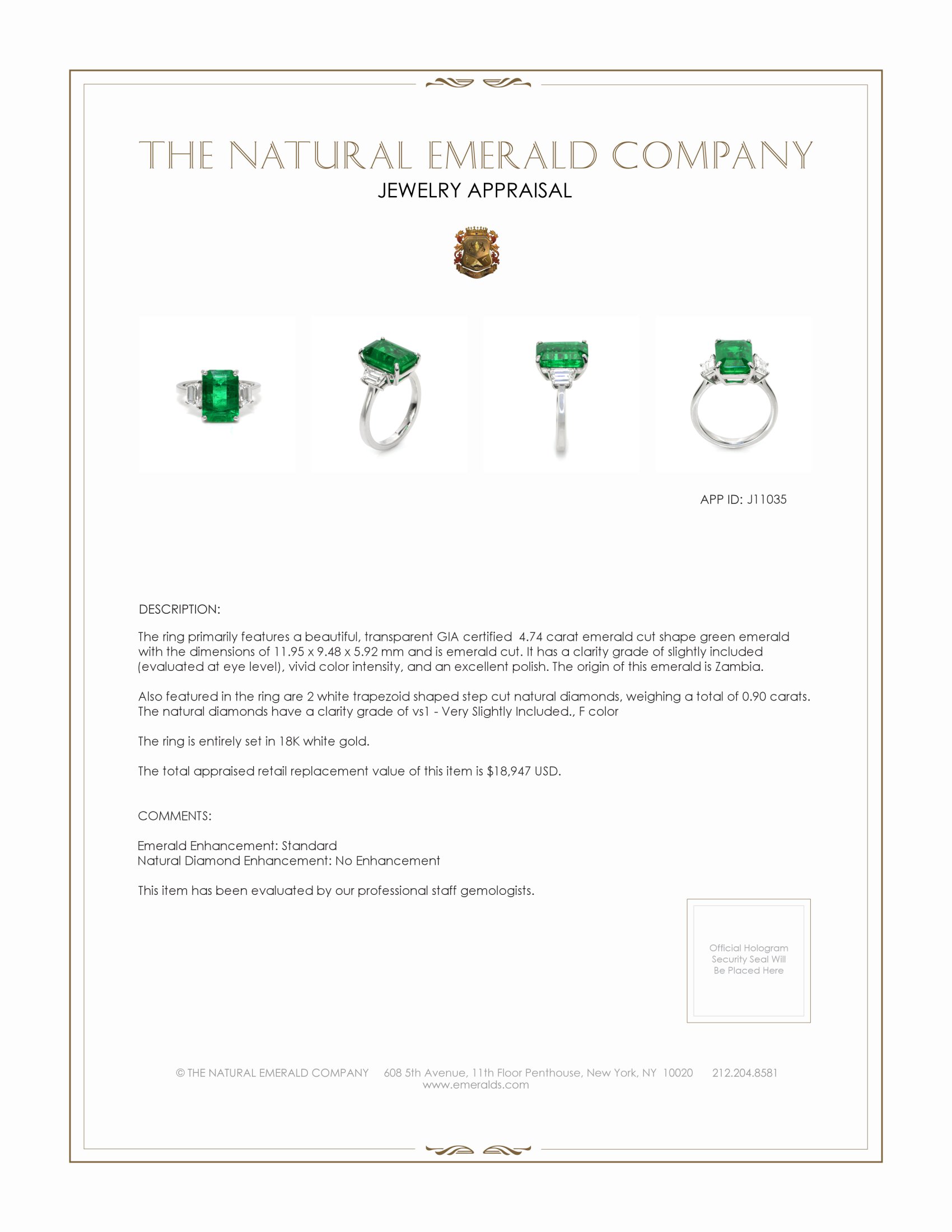 4.74 Ct. Emerald Natural Diamond Three Stone Ring, 18K White Gold