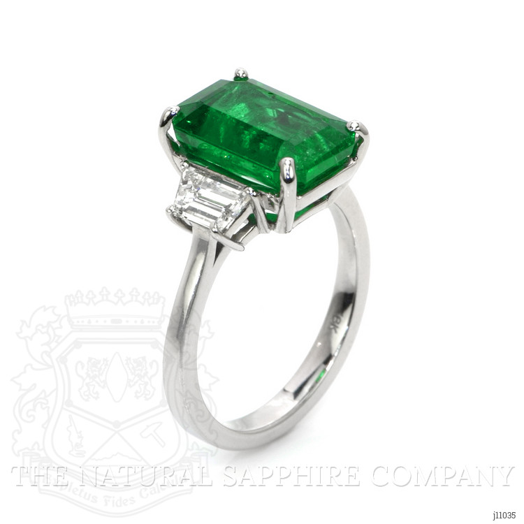 4.74 Ct. Emerald Natural Diamond Three Stone Ring, 18K White Gold