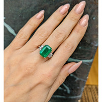 4.74 Ct. Emerald Natural Diamond Three Stone Ring, 18K White Gold Life Style