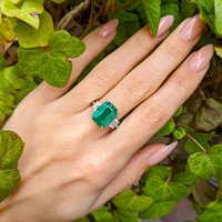 4.74 Ct. Emerald Natural Diamond Three Stone Ring, 18K White Gold Life Style