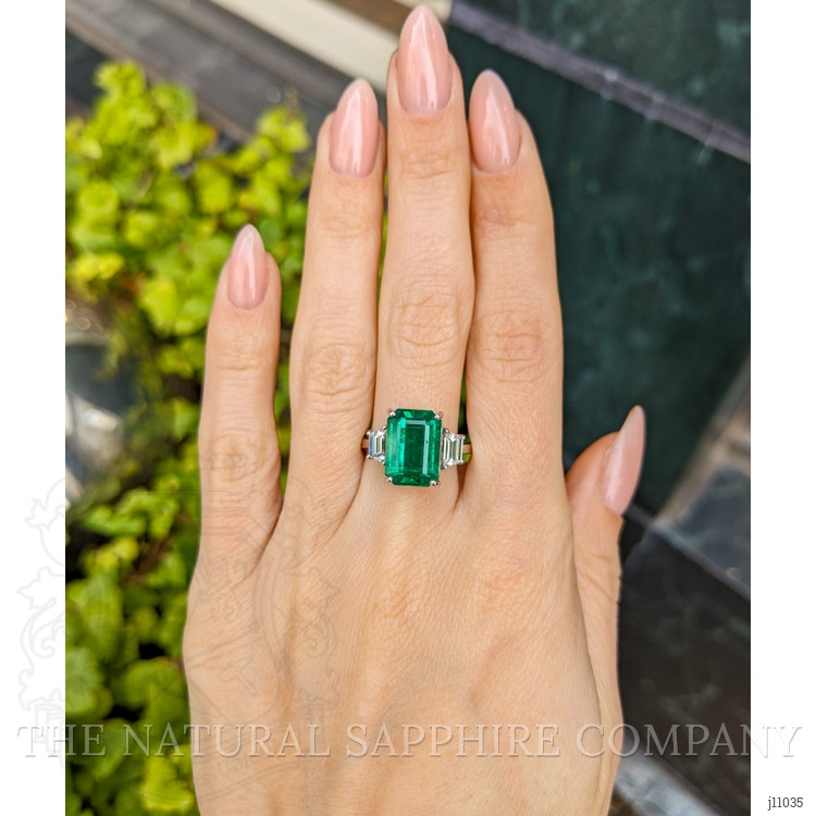 4.74 Ct. Emerald Natural Diamond Three Stone Ring, 18K White Gold