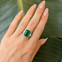 4.74 Ct. Emerald Natural Diamond Three Stone Ring, 18K White Gold Life Style