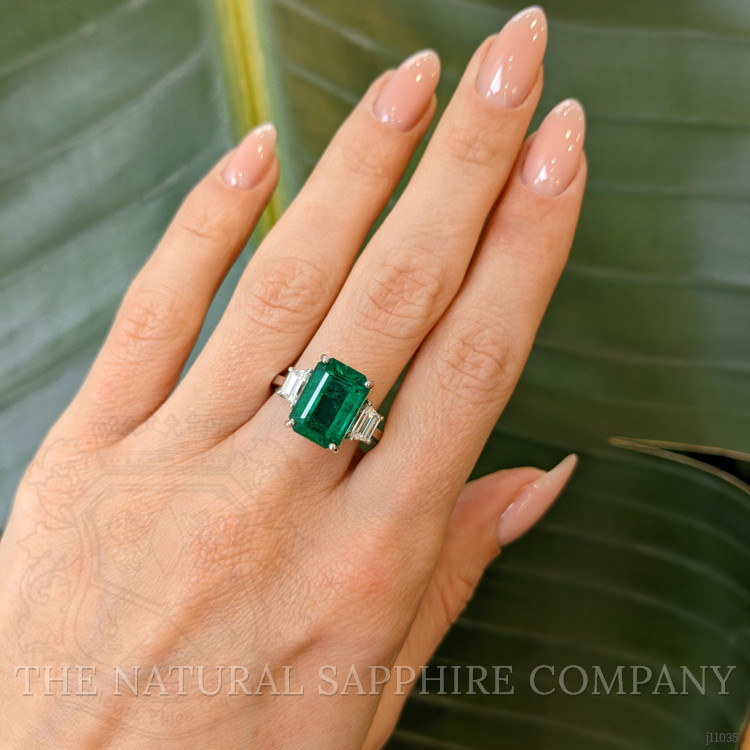 4.74 Ct. Emerald Natural Diamond Three Stone Ring, 18K White Gold