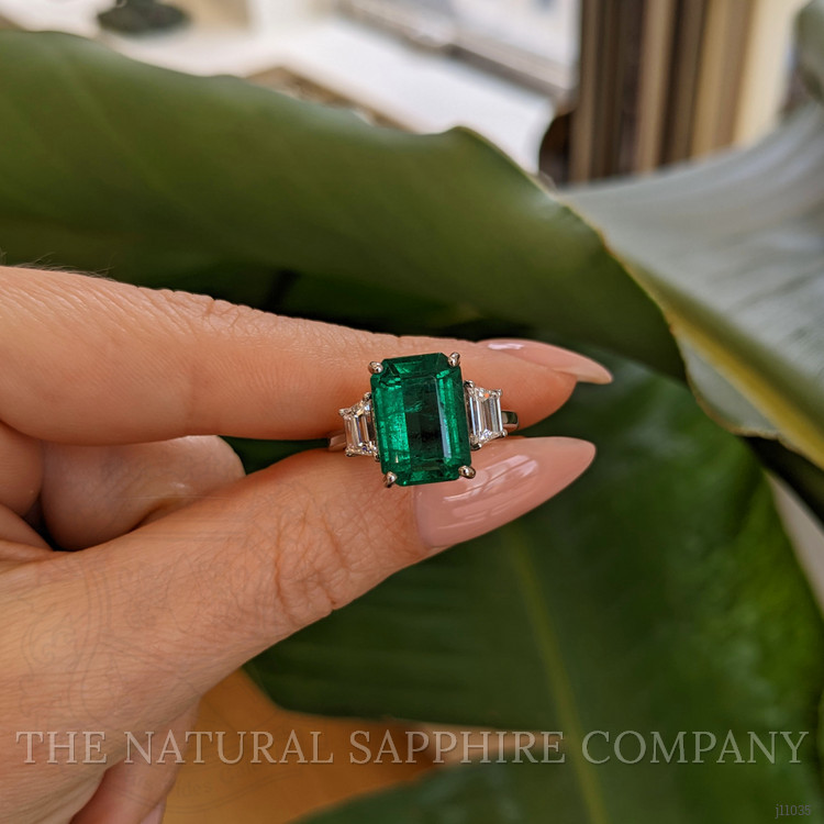 4.74 Ct. Emerald Natural Diamond Three Stone Ring, 18K White Gold