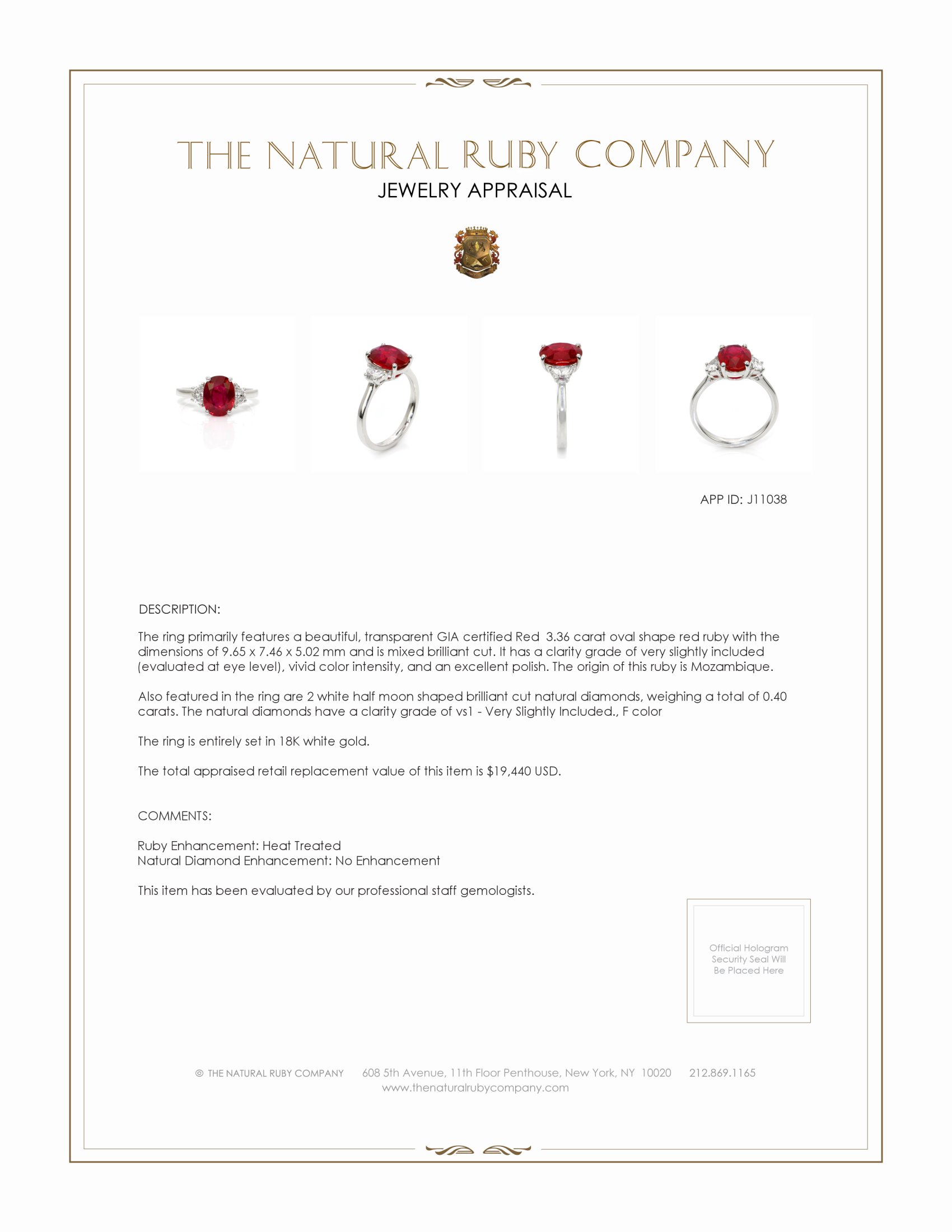 3.36 Ct. Ruby and Natural Diamond Three Stone Ring, 18K White Gold