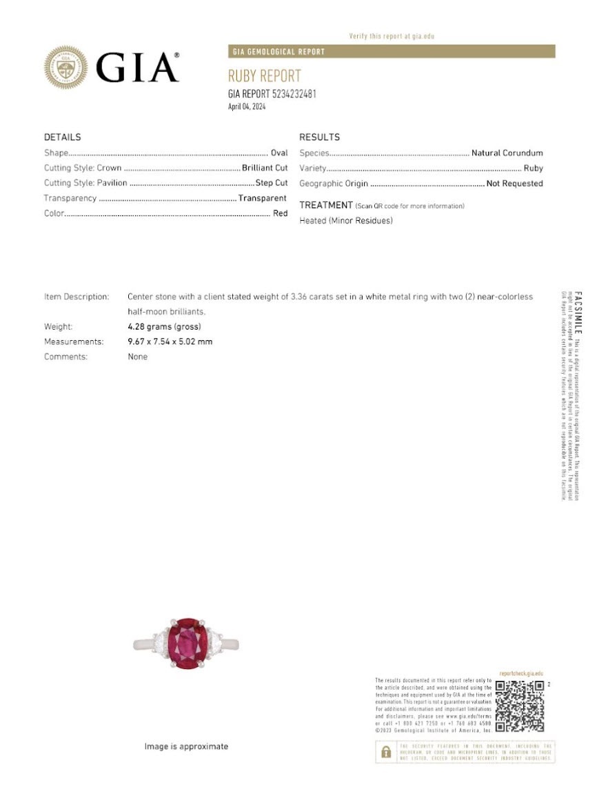 3.36 Ct. Ruby and Natural Diamond Three Stone Ring, 18K White Gold