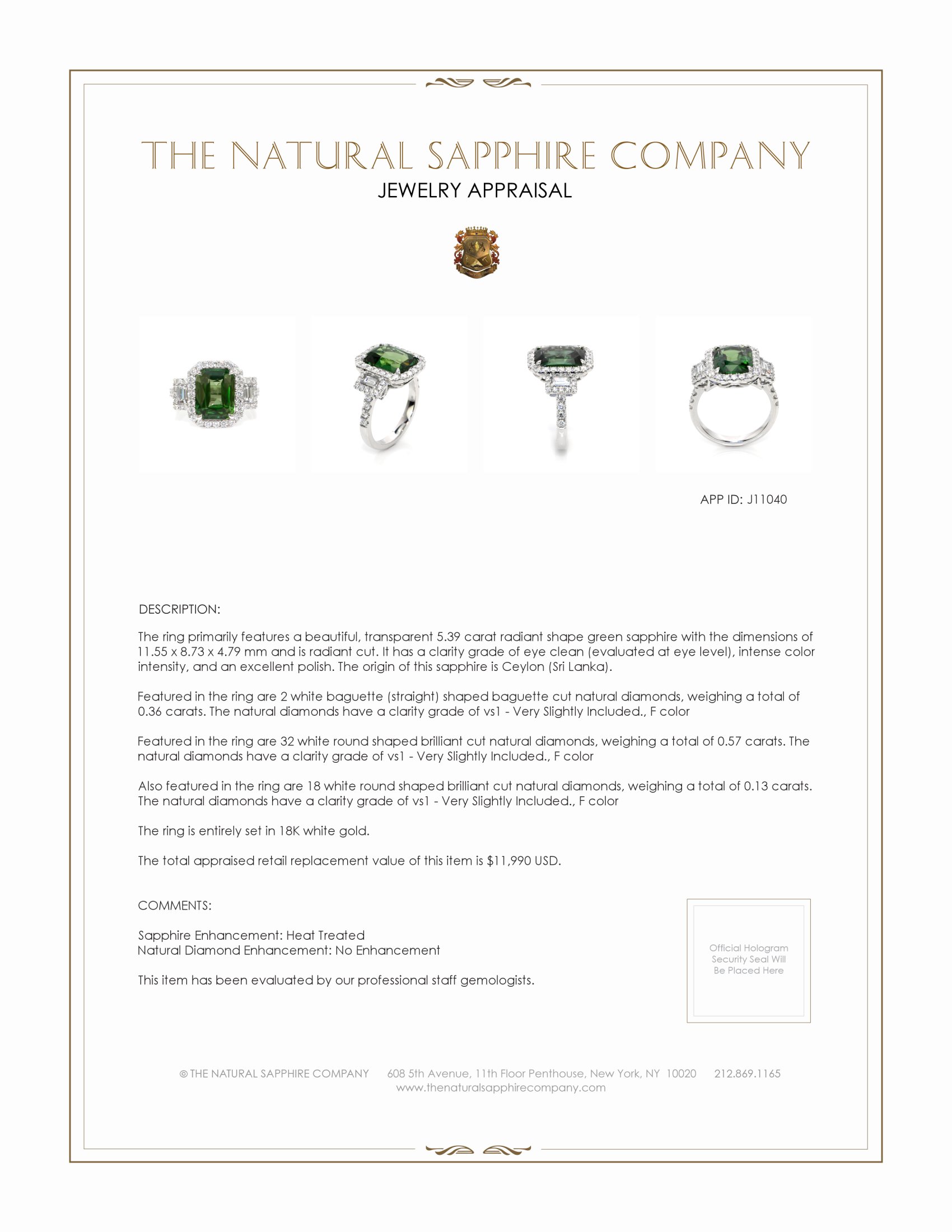 5.39 Ct. Green Sapphire and Natural Diamond Pave Ring, 18K White Gold