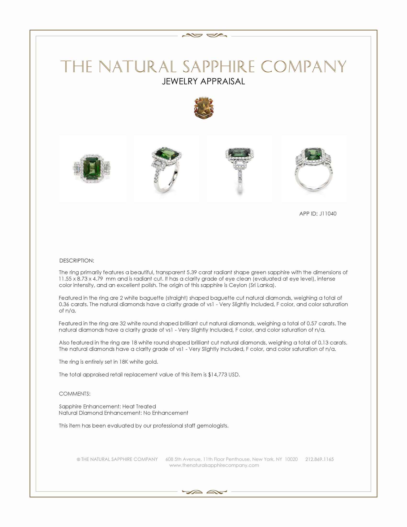 5.39 Ct. Green Sapphire and Natural Diamond Pave Ring, 18K White Gold