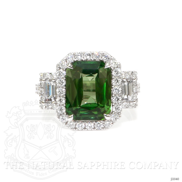 5.39 Ct. Green Sapphire and Natural Diamond Pave Ring, 18K White Gold