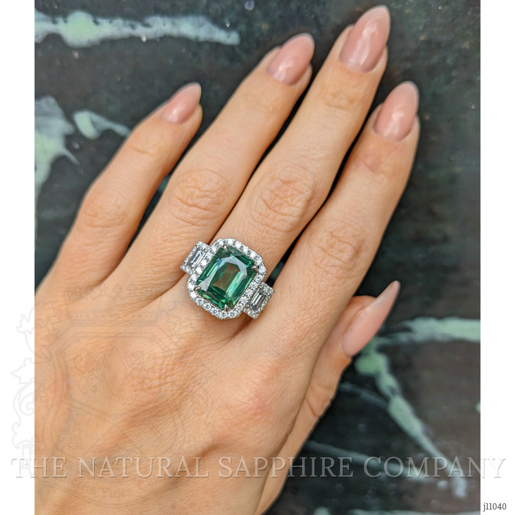 5.39 Ct. Green Sapphire and Natural Diamond Pave Ring, 18K White Gold