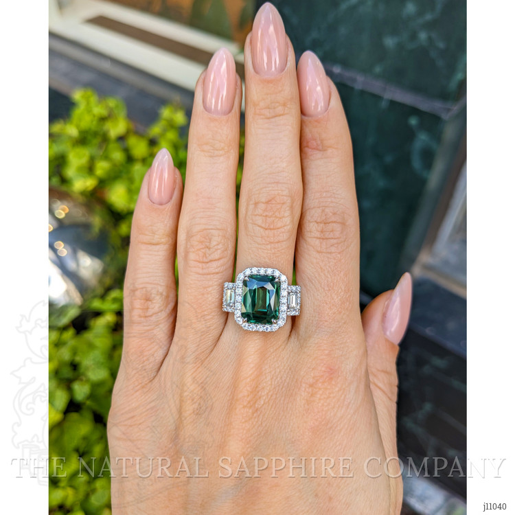 5.39 Ct. Green Sapphire and Natural Diamond Pave Ring, 18K White Gold