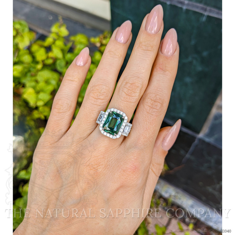 5.39 Ct. Green Sapphire and Natural Diamond Pave Ring, 18K White Gold