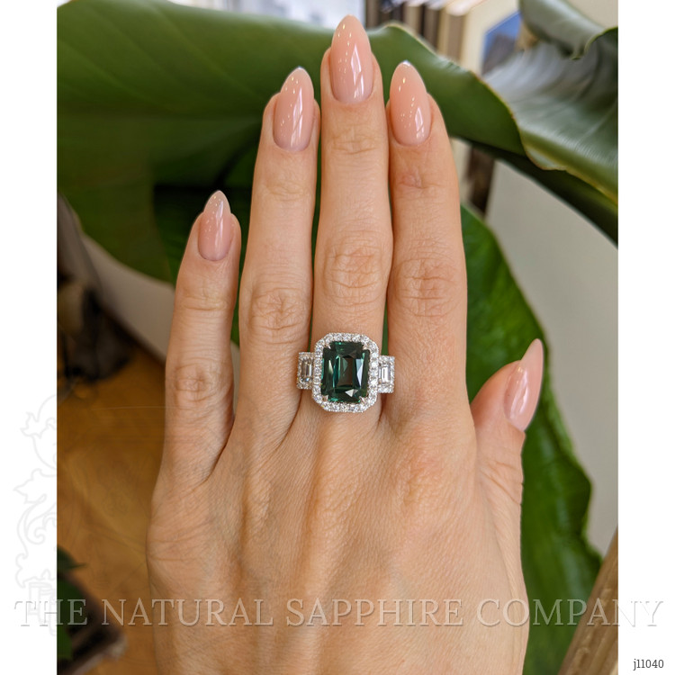 5.39 Ct. Green Sapphire and Natural Diamond Pave Ring, 18K White Gold