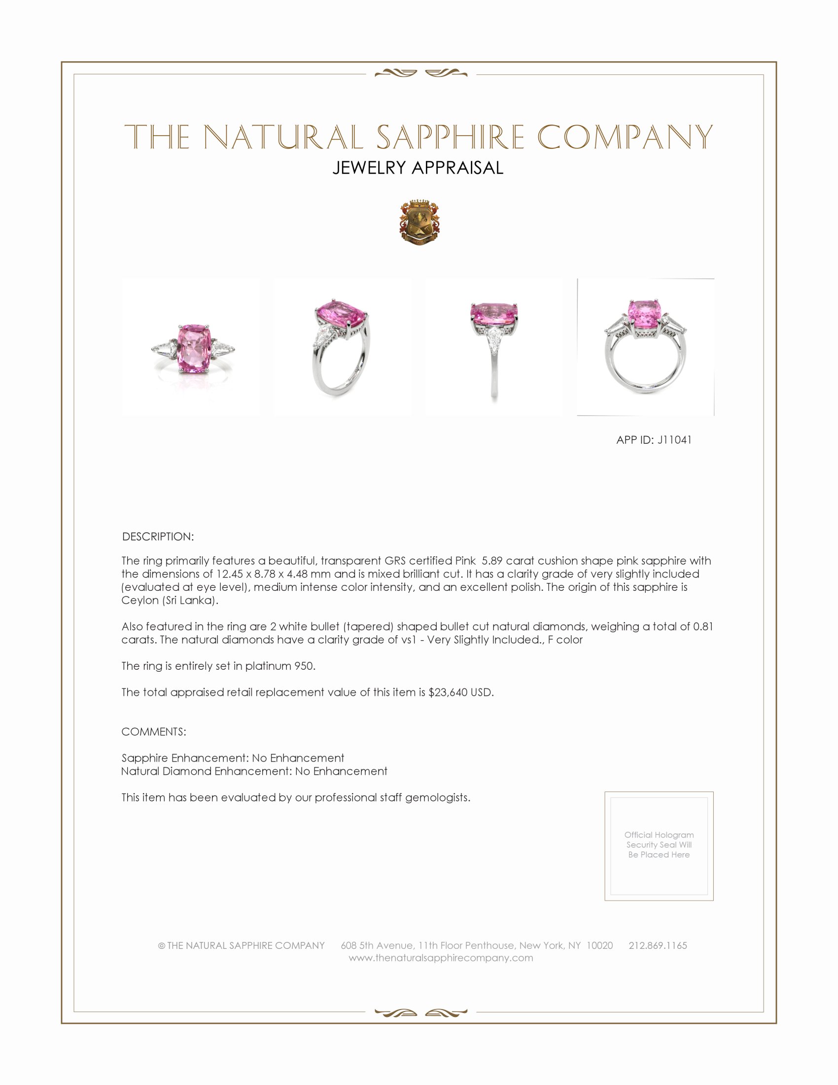 5.89 Ct. Pink Sapphire and Natural Diamond Antique Style Ring, Platinum 950