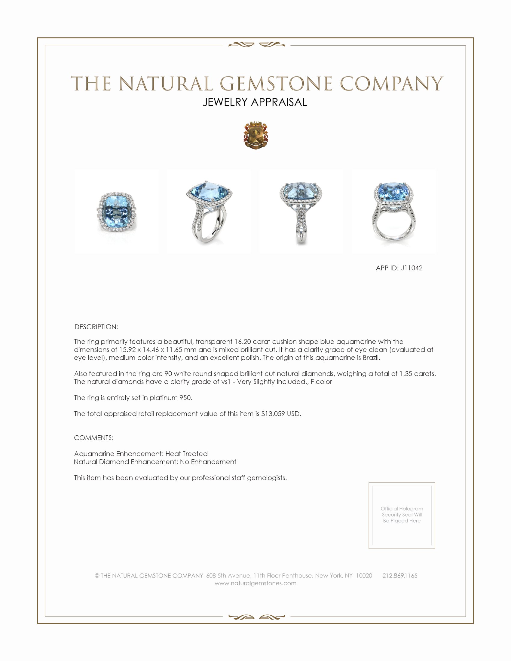 16.20 Ct. Aquamarine Natural Diamond Pave Ring, Platinum 950