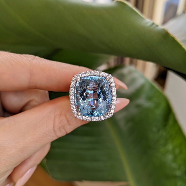 16.20 Ct. Aquamarine Natural Diamond Pave Ring, Platinum 950