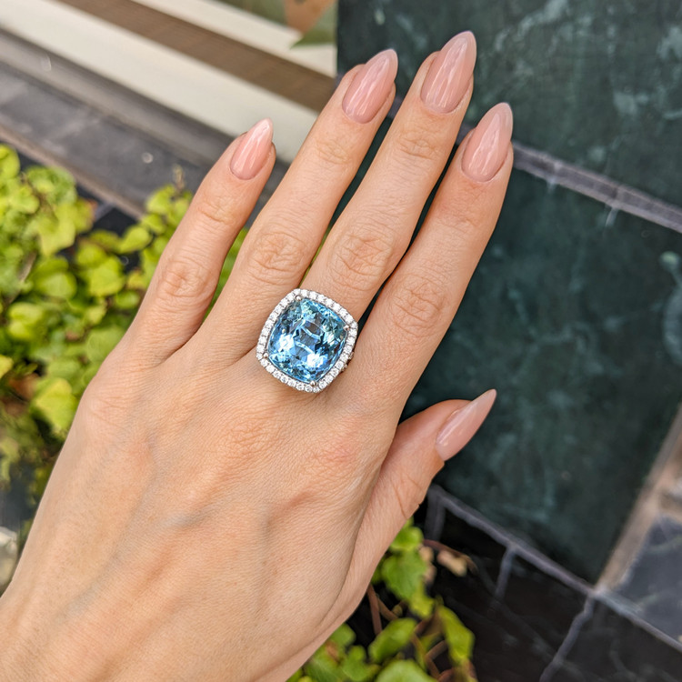 16.20 Ct. Aquamarine Natural Diamond Pave Ring, Platinum 950