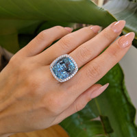 16.20 Ct. Aquamarine Natural Diamond Pave Ring, Platinum 950 Life Style