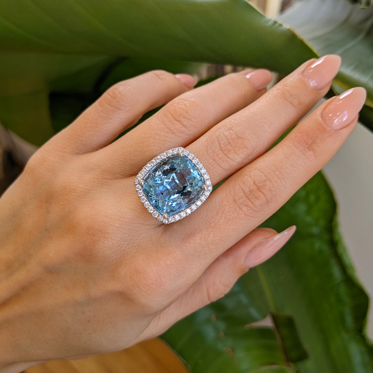 16.20 Ct. Aquamarine Natural Diamond Pave Ring, Platinum 950