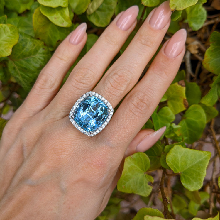 16.20 Ct. Aquamarine Natural Diamond Pave Ring, Platinum 950