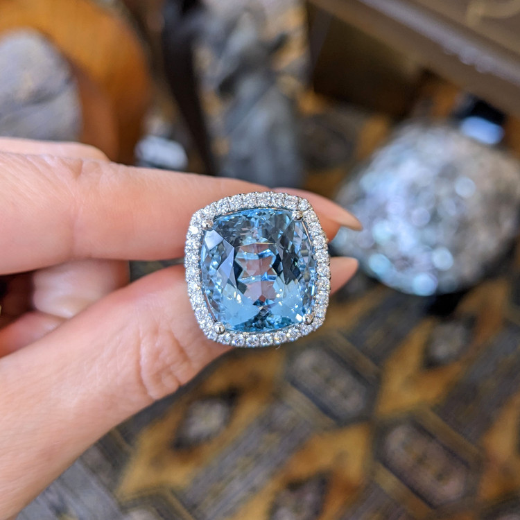 16.20 Ct. Aquamarine Natural Diamond Pave Ring, Platinum 950