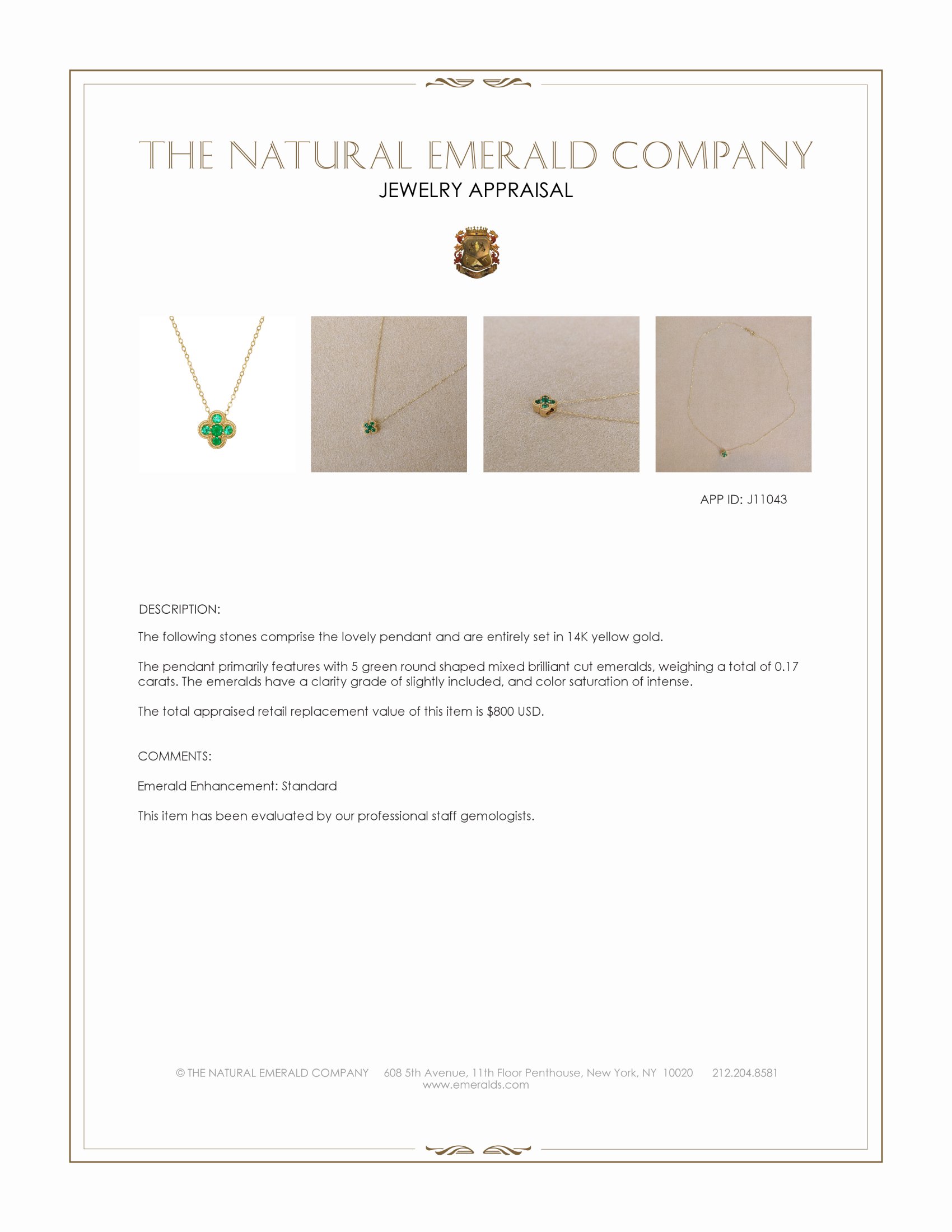 0.17 Ct. Emerald Accent Stones Pendant, 14K Yellow Gold