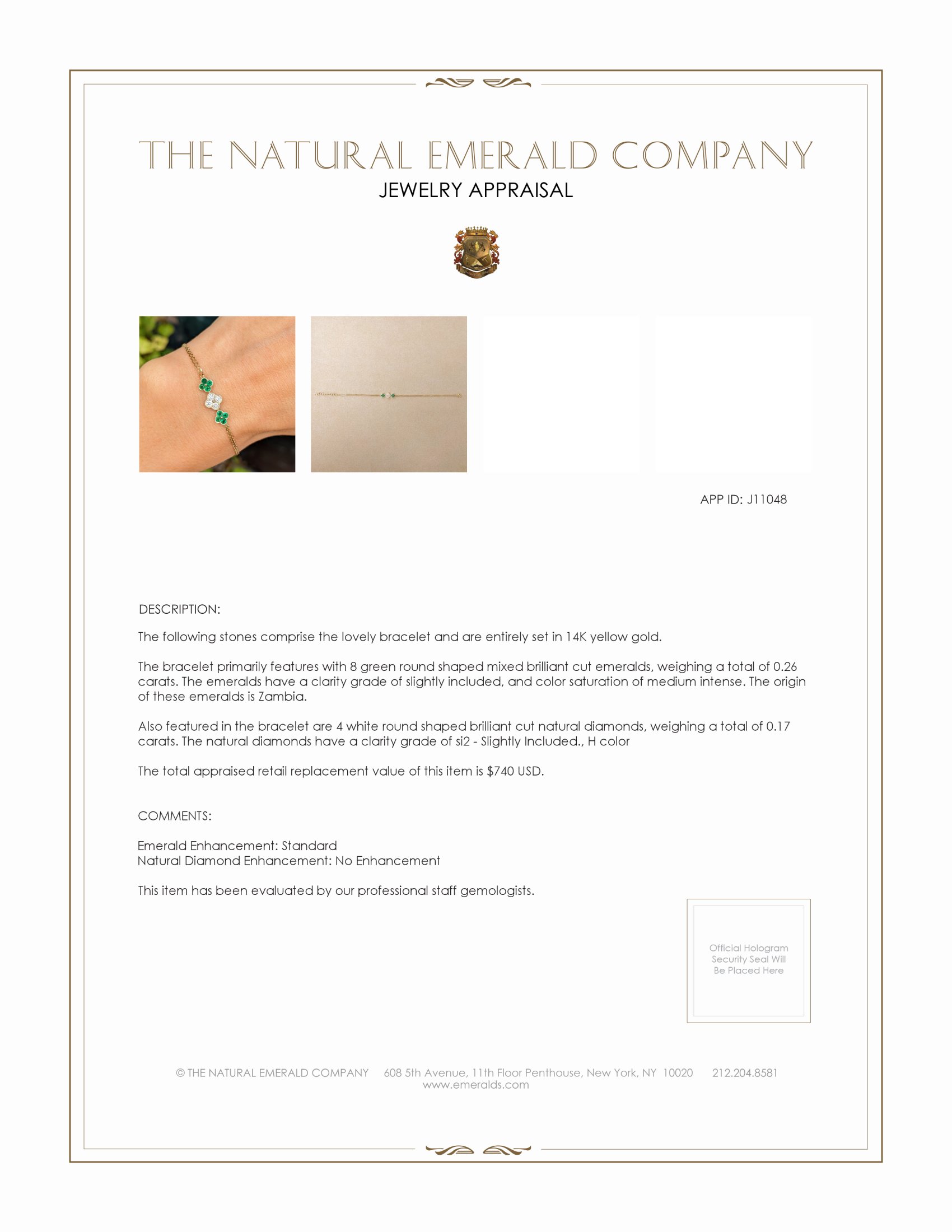 0.26 Ct.Tw. Emerald Natural Diamond Bezel Bracelet, 14K Yellow Gold