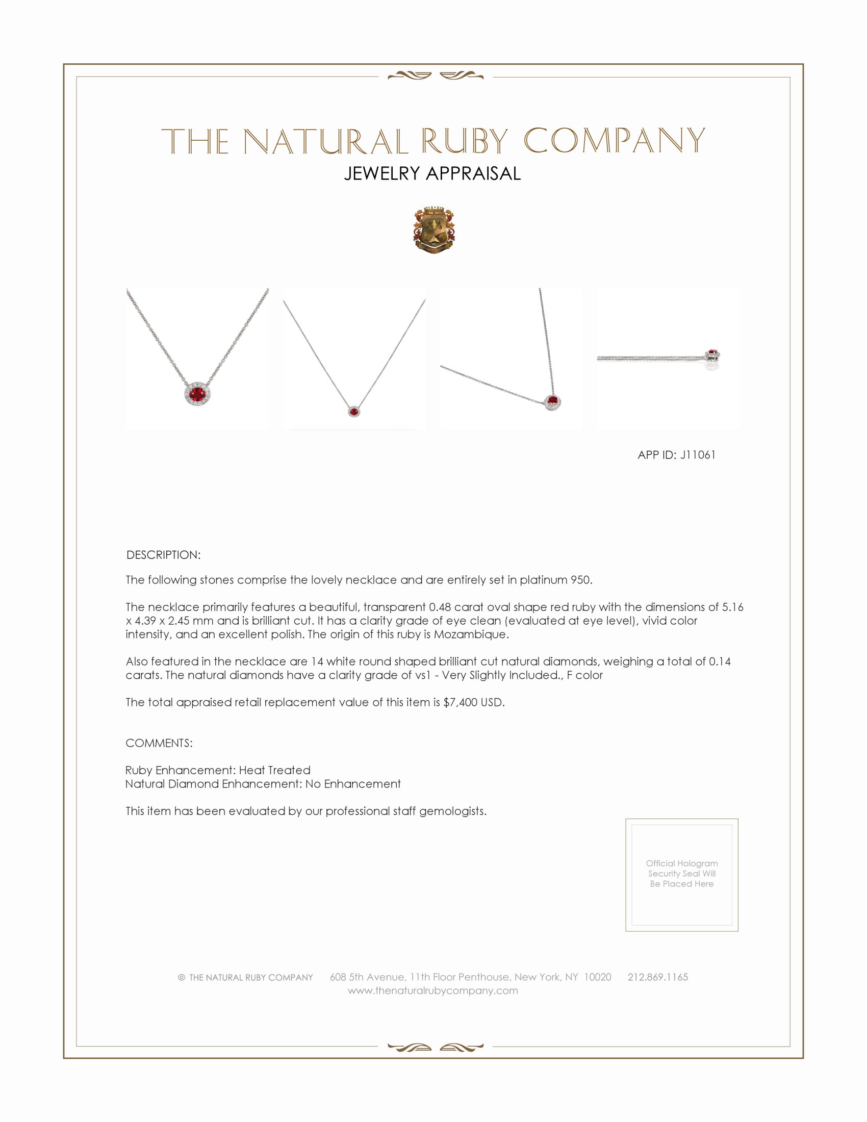 0.48 Ct. Ruby and Natural Diamond Pave Necklace, Platinum 950