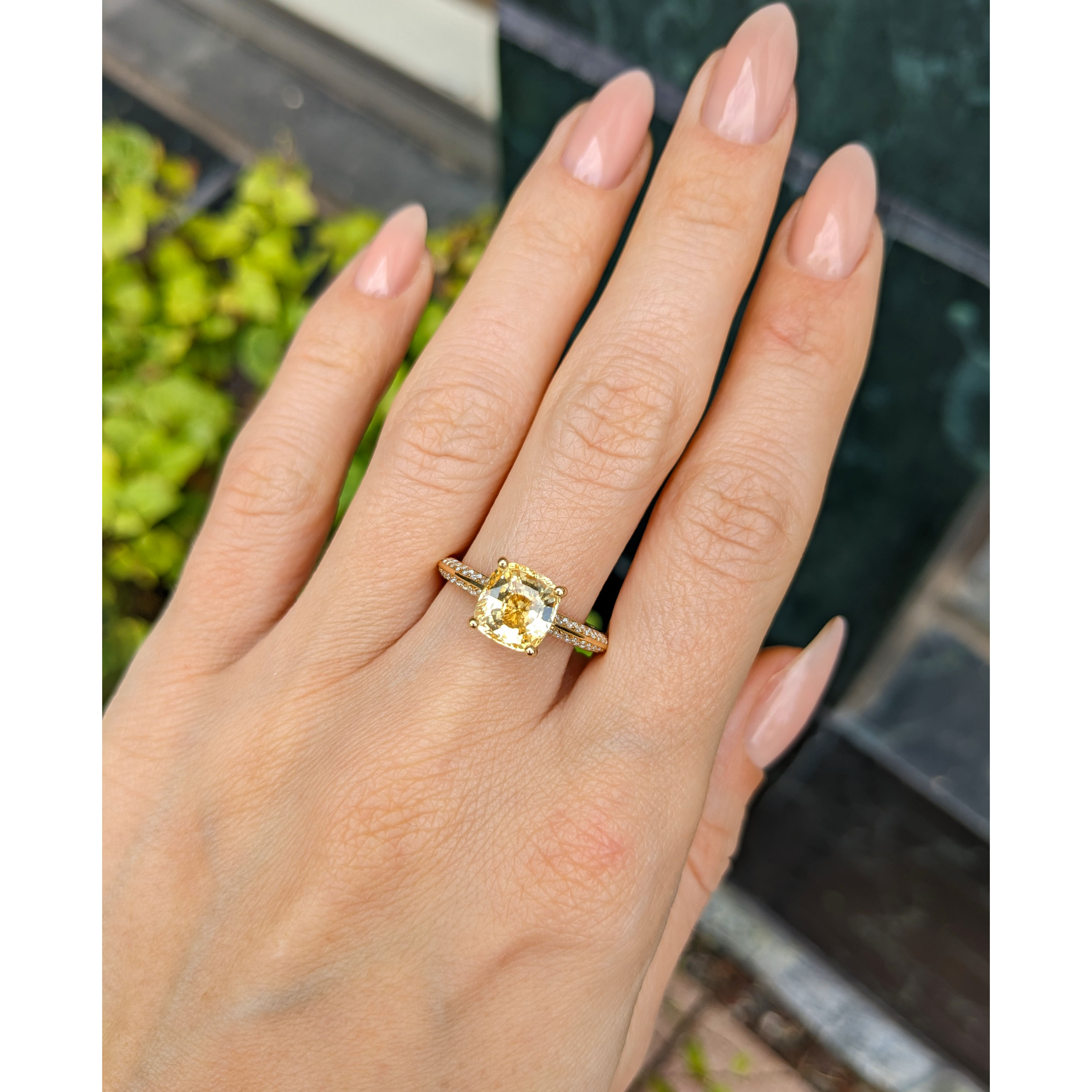 Yellow Sapphire and Natural Diamond Pave Ring - Cushion 3.17 Ct