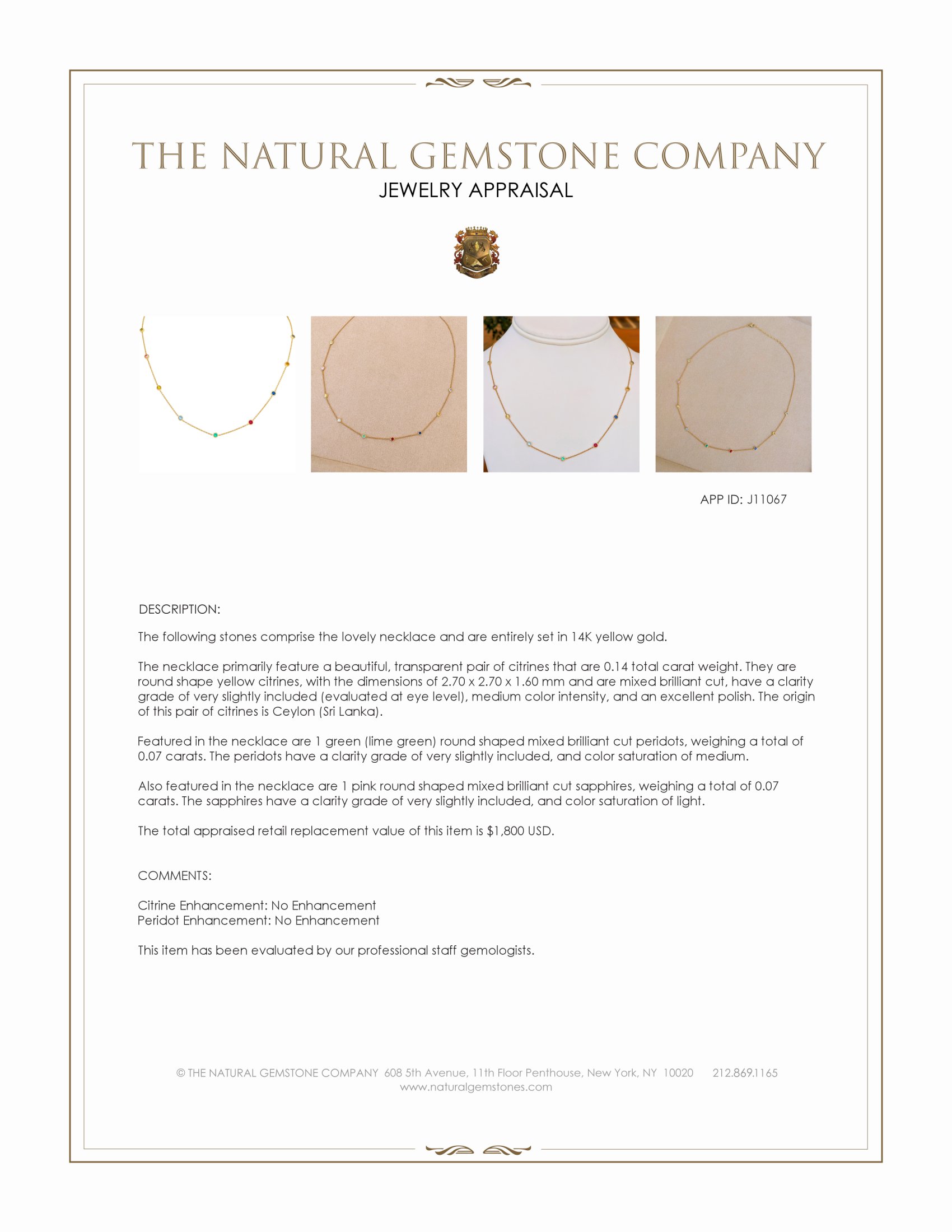 0.49 Ct.Tw. Aquamarine, Citrine, Emerald, Ruby, Sapphire and Peridot Bezel Necklace, 14K Yellow Gold