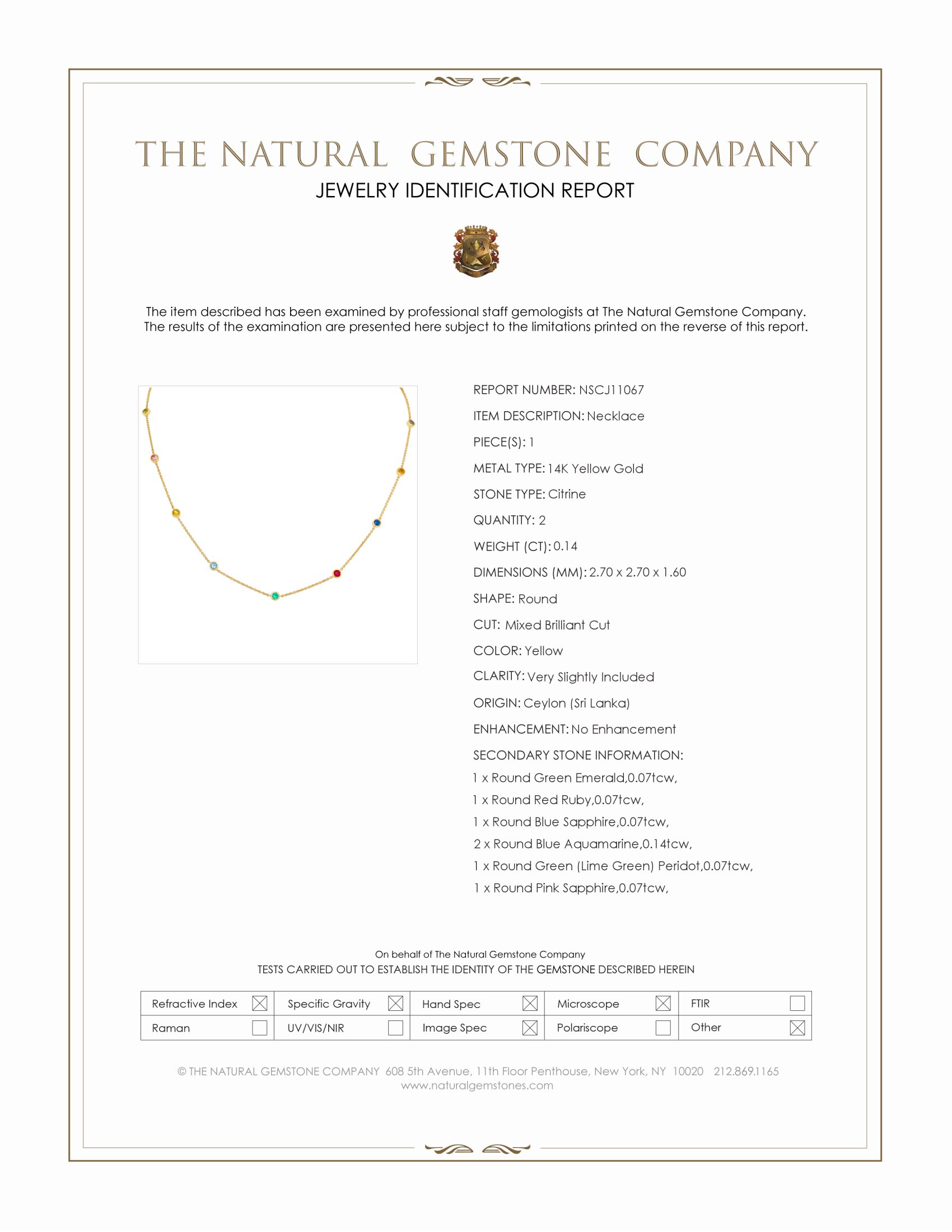 0.49 Ct.Tw. Aquamarine, Citrine, Emerald, Ruby, Sapphire and Peridot Bezel Necklace, 14K Yellow Gold