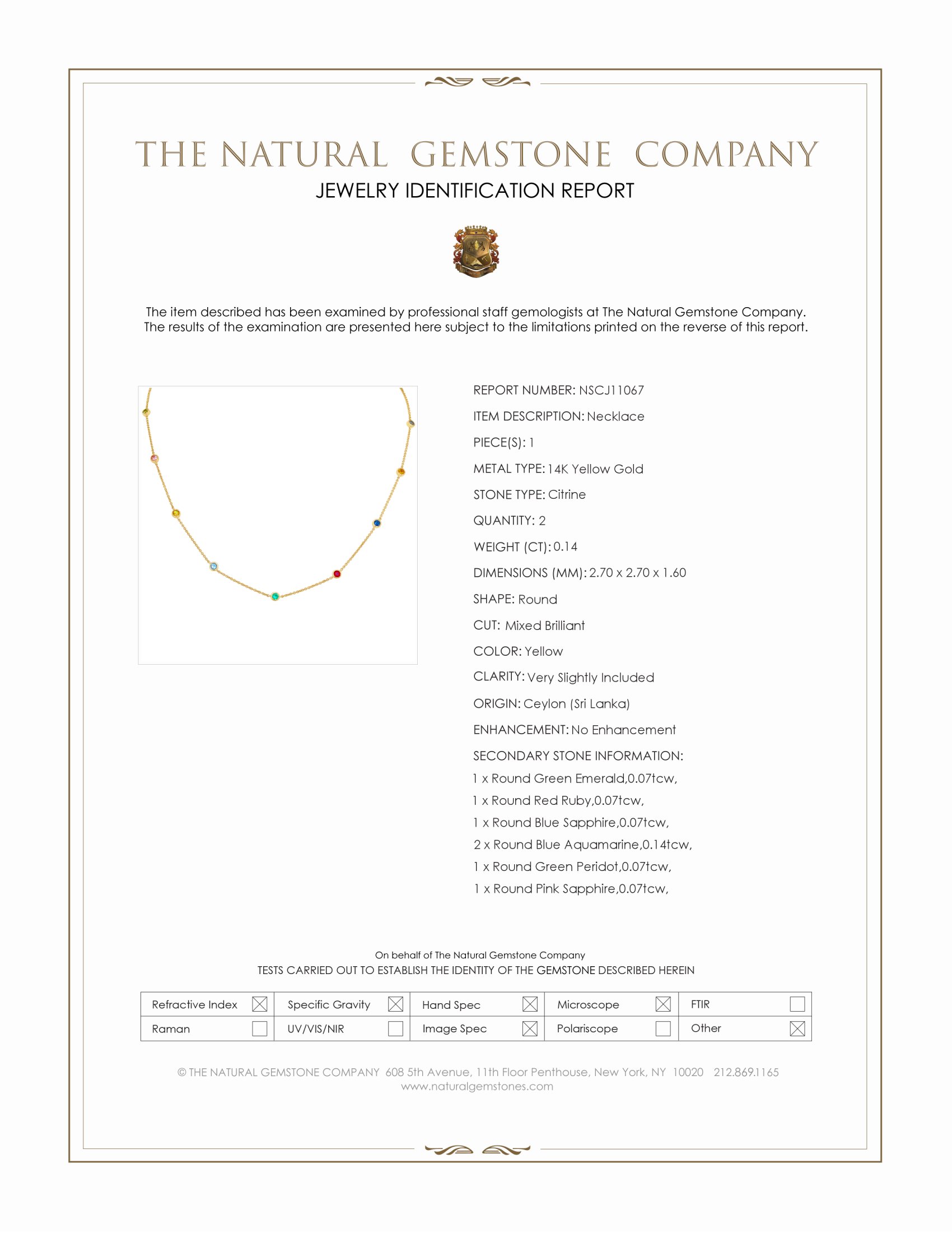 0.07 Ct. Blue Aquamarine, Yellow Citrine, Emerald, Ruby, Mixed Sapphire and Green Peridot Bezel Necklace, 14K Yellow Gold