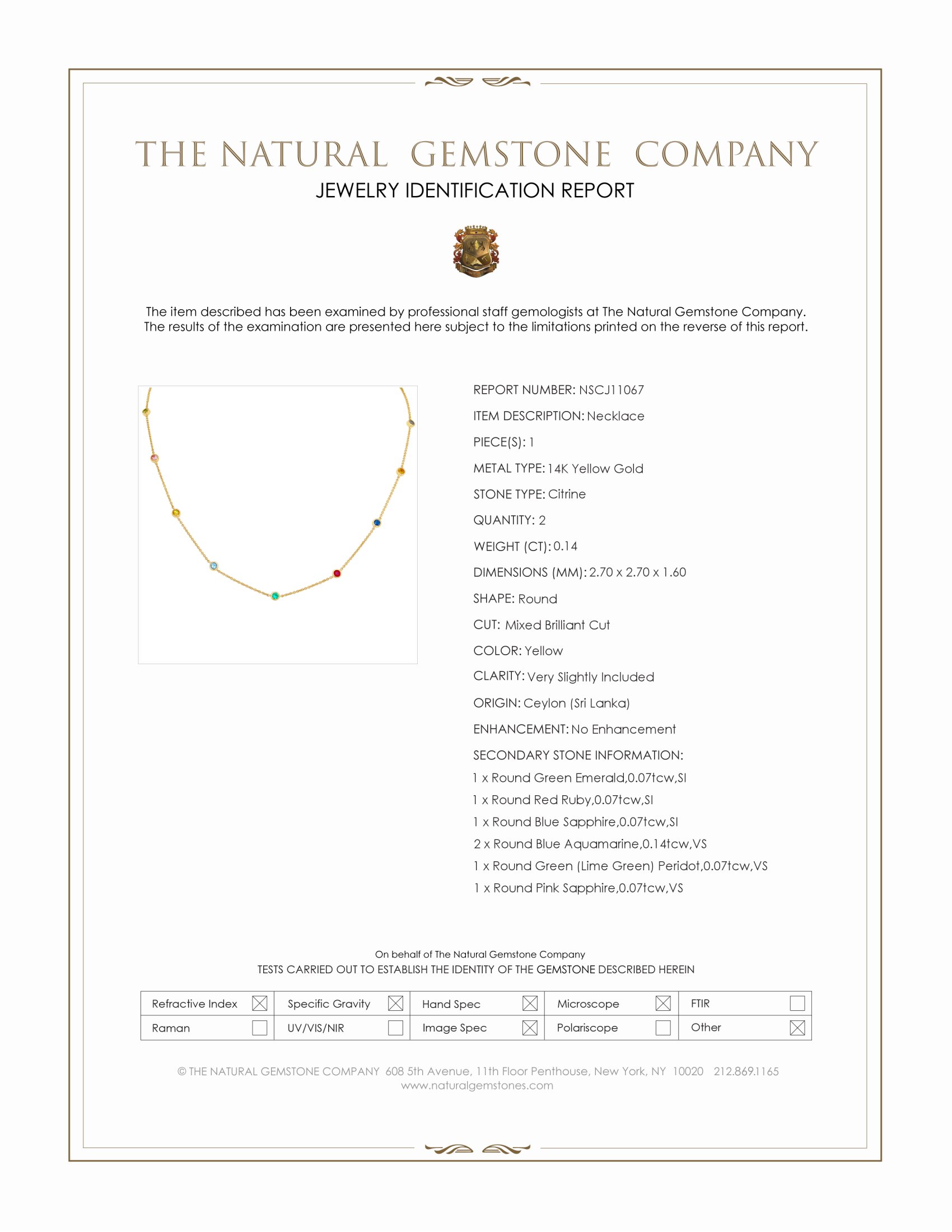 0.49 Ct.Tw. Aquamarine, Citrine, Emerald, Ruby, Sapphire and Peridot Bezel Necklace, 14K Yellow Gold
