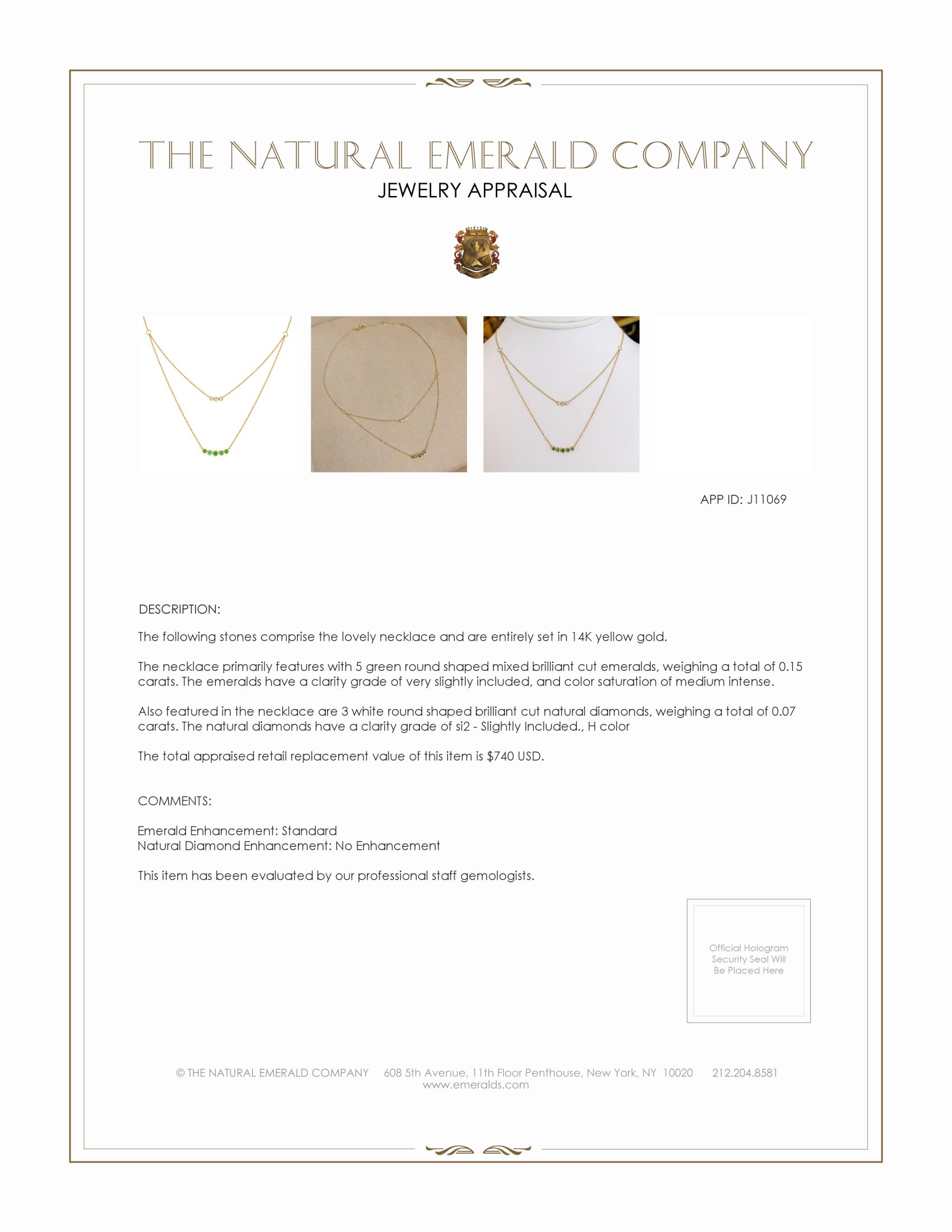 0.15 Ct. Emerald and Natural Diamond Pave Necklace, 14K Yellow Gold