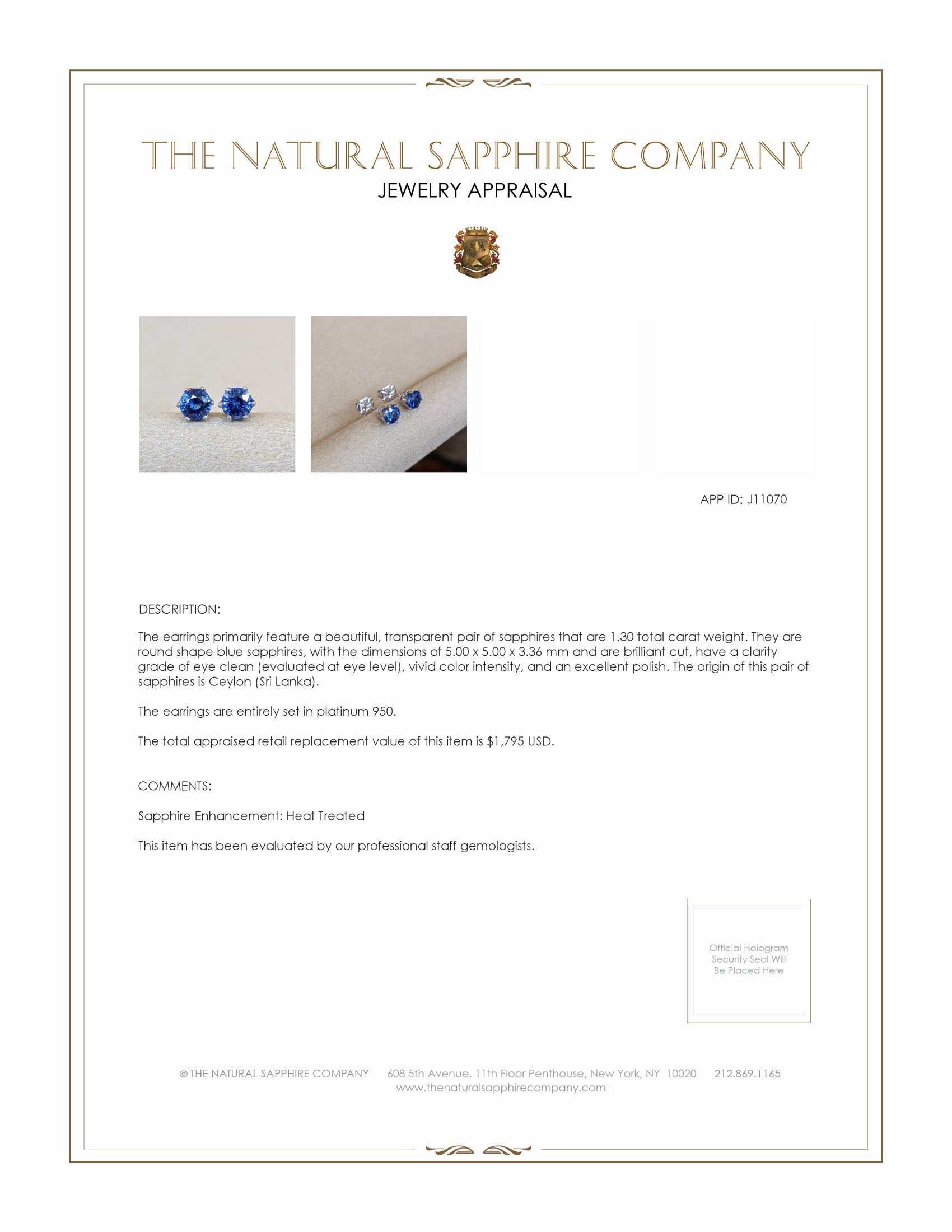 1.30 Ct.Tw. Blue Sapphire Studs Earrings, Platinum 950