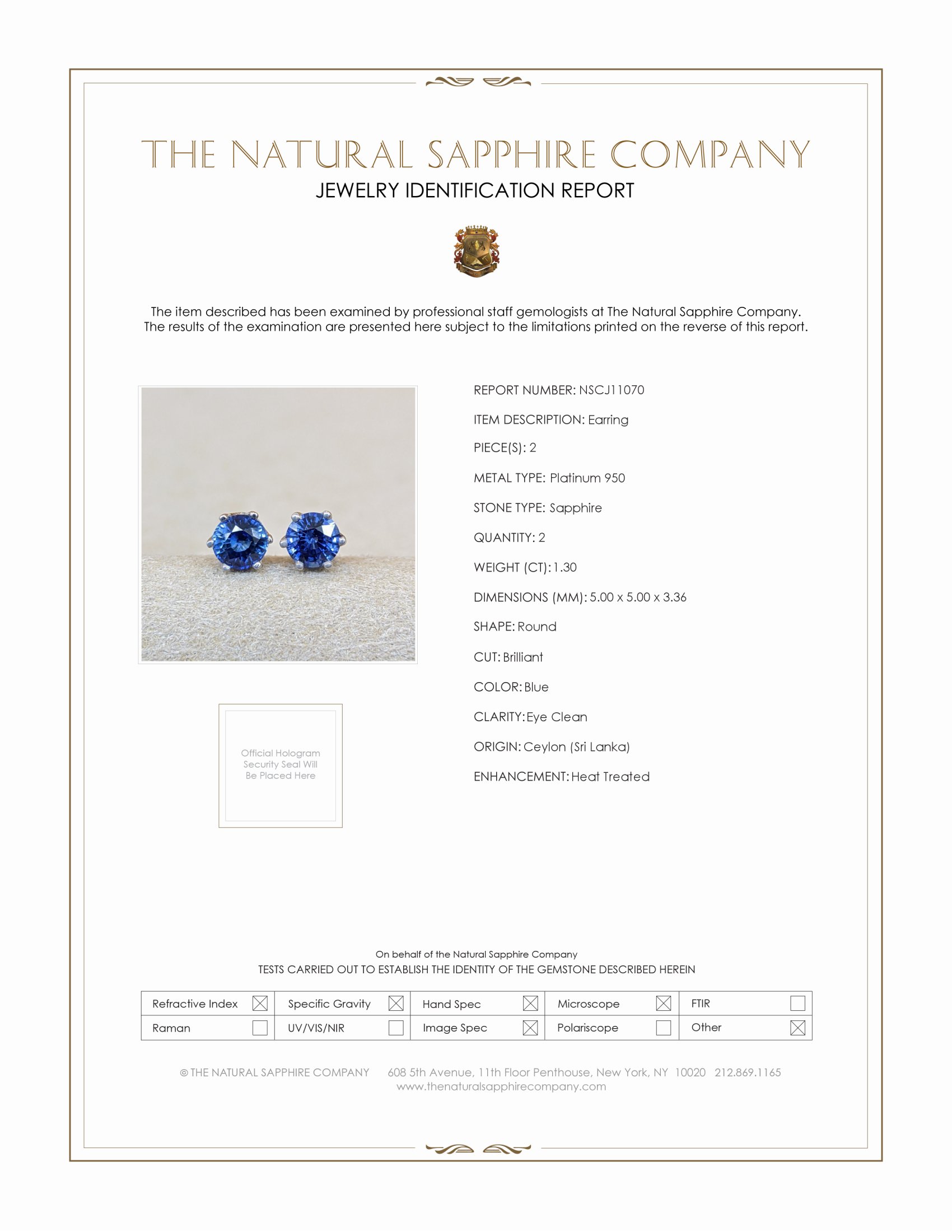 1.30 Ct.Tw. Blue Sapphire Studs Earrings, Platinum 950