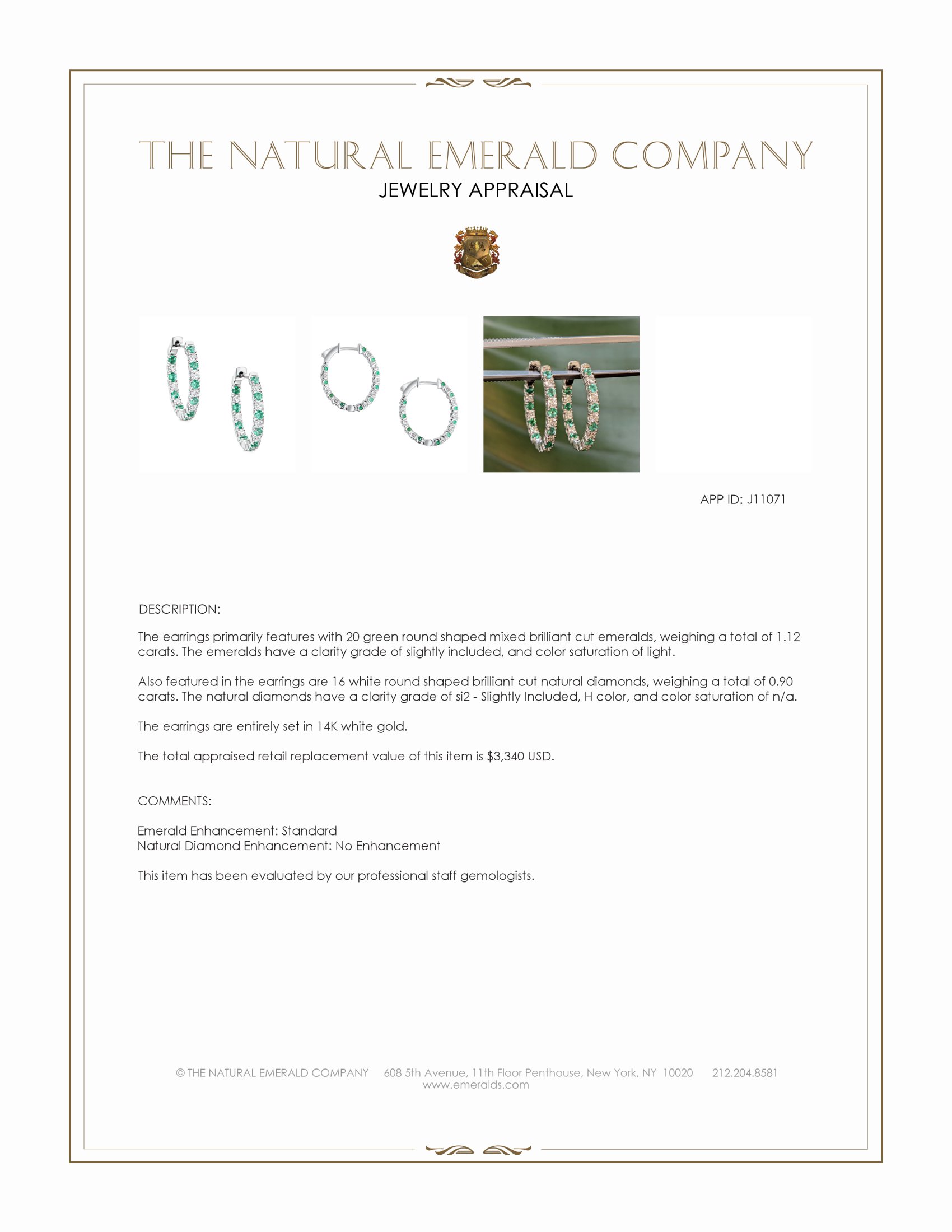 1.12 Ct.Tw. Emerald and Natural Diamond Pave Earrings, 14K White Gold