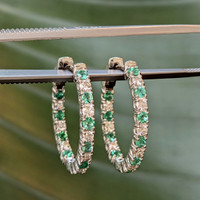 1.12 Ct.Tw.Total Carat Weight Emerald and Natural Diamond Pave Earrings, 14K White Gold Image
