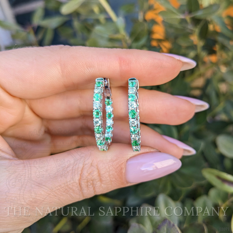 1.12 Ct.Tw. Bluish Green Emerald and Natural Diamond Pave Earrings, 14K White Gold