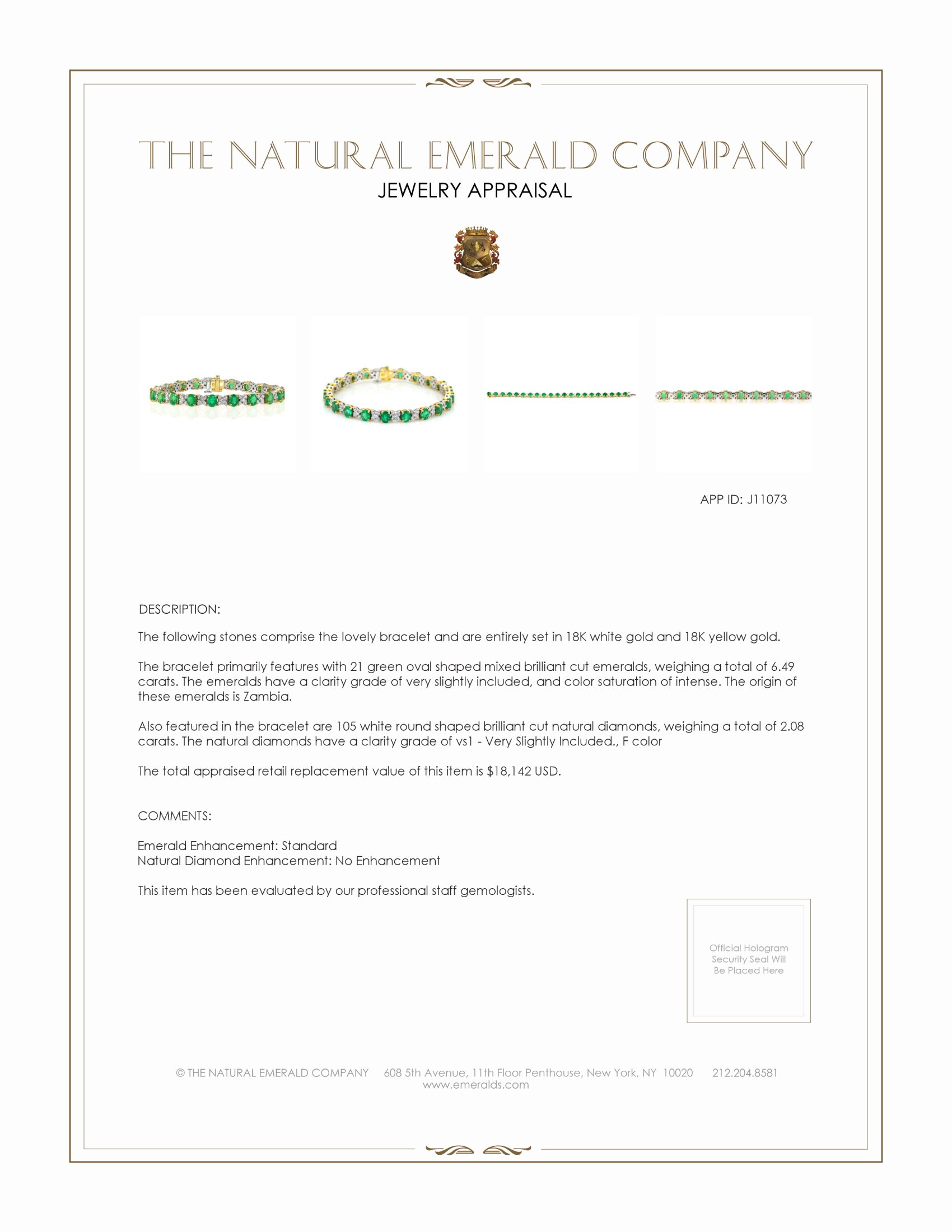6.49 Ct.Tw. Emerald Natural Diamond Pave Bracelet, 18K White & Yellow