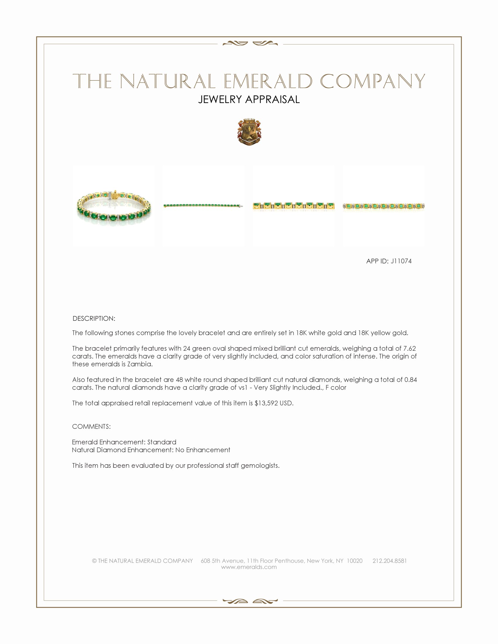 7.62 Ct.Tw. Emerald and Natural Diamond Pave Bracelet, 18K White & Yellow